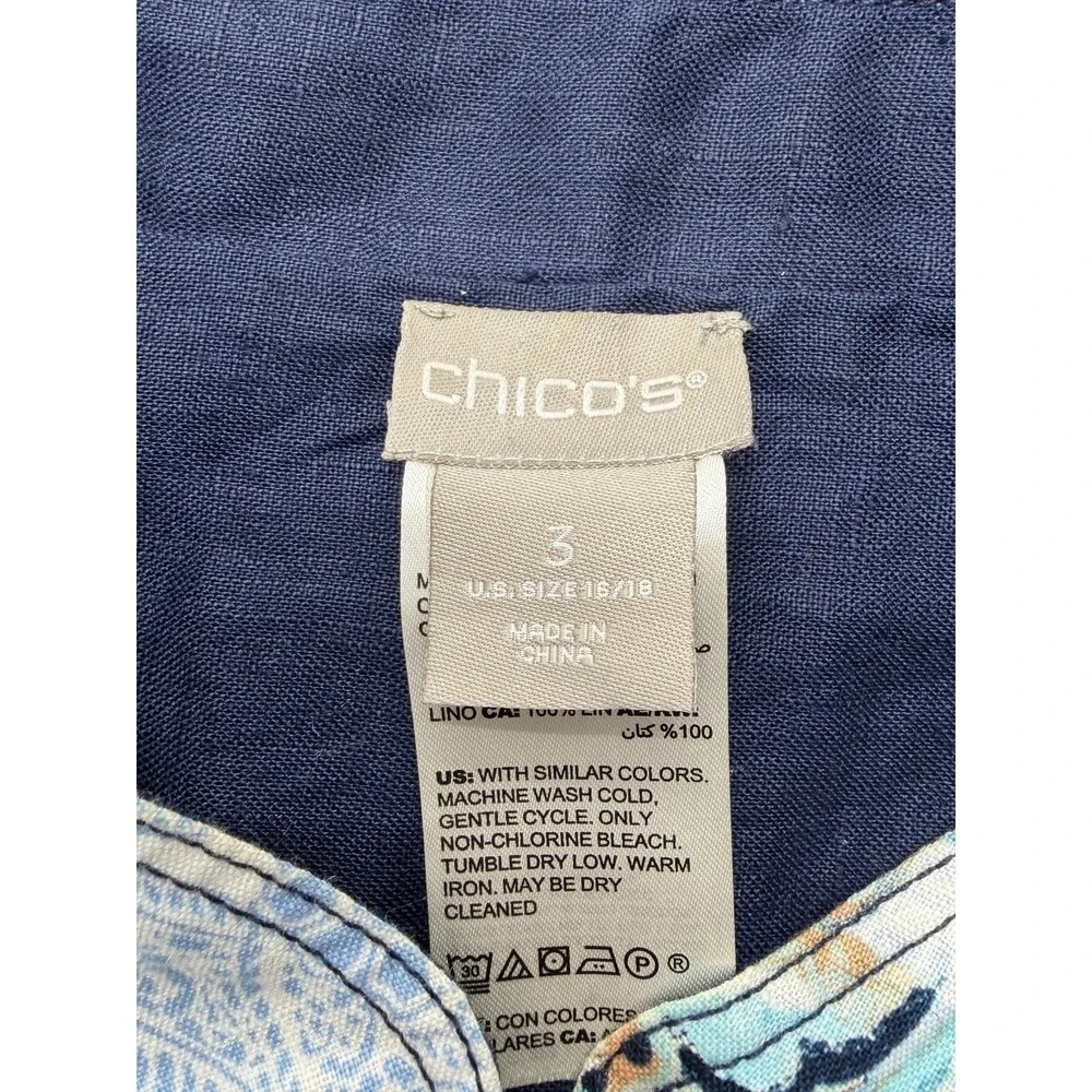 Chico's Jacket Womens 3 16/18 Reversible Linen Navy Paisley Patchwork Snap Front